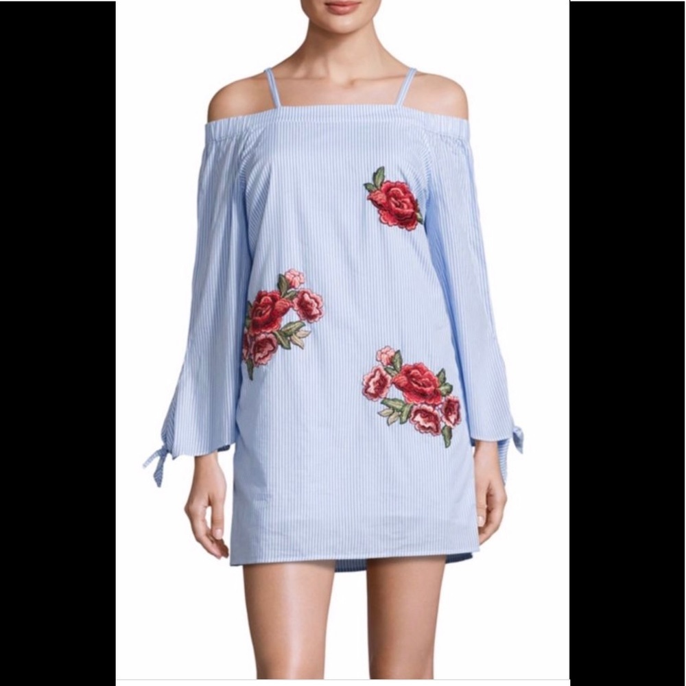 Off The Shoulder Striped Floral Embroidered Mini Dress Cold Shoulder Ties.